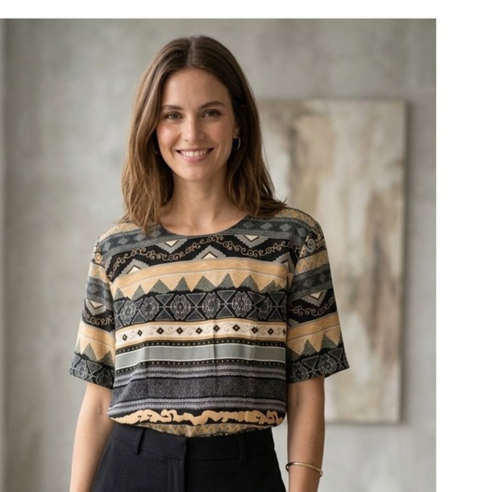 Vintage Prato Geometric Tribal‎ Print Rayon Button Back Blouse Size 12